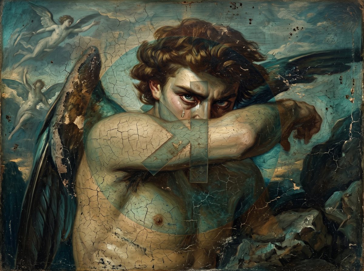 The LUCIFER emblem: an oil painting of a fallen angel with dark wings, the Kaspa symbol across his face